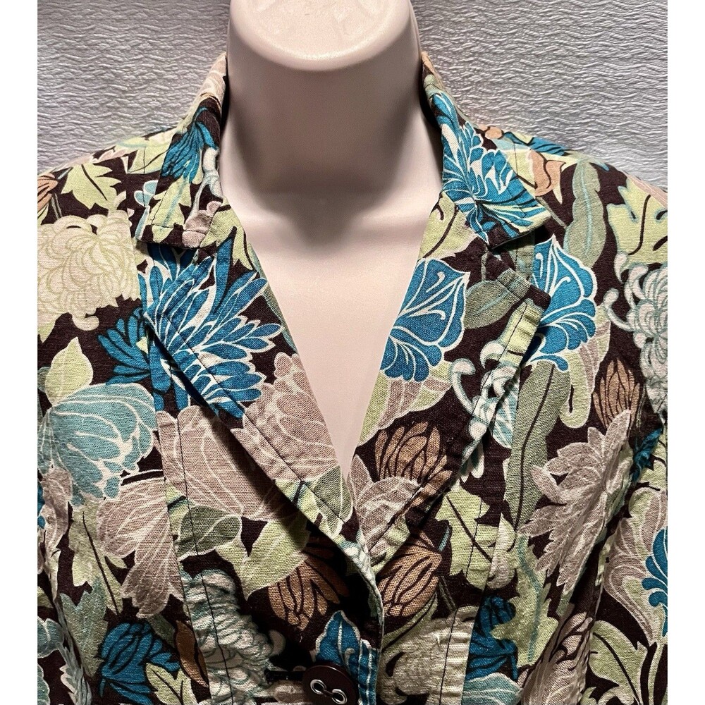 RQT Linen Tropical Floral Jacket Womens 12 Tan Blue Green Resort Beachy Cruise